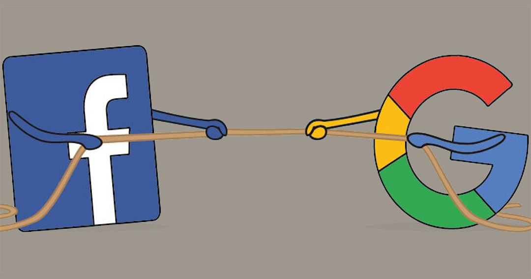 Facebook Icon and Google Icon Playing Tug of War